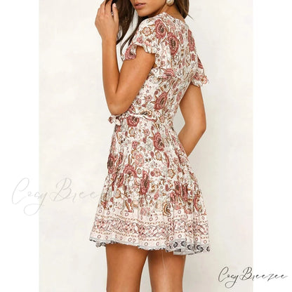 Summer Wrap V Neck Bohemian Floral Print Mini Dress for Women