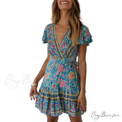 Summer Wrap V Neck Bohemian Floral Print Mini Dress for Women Green / S