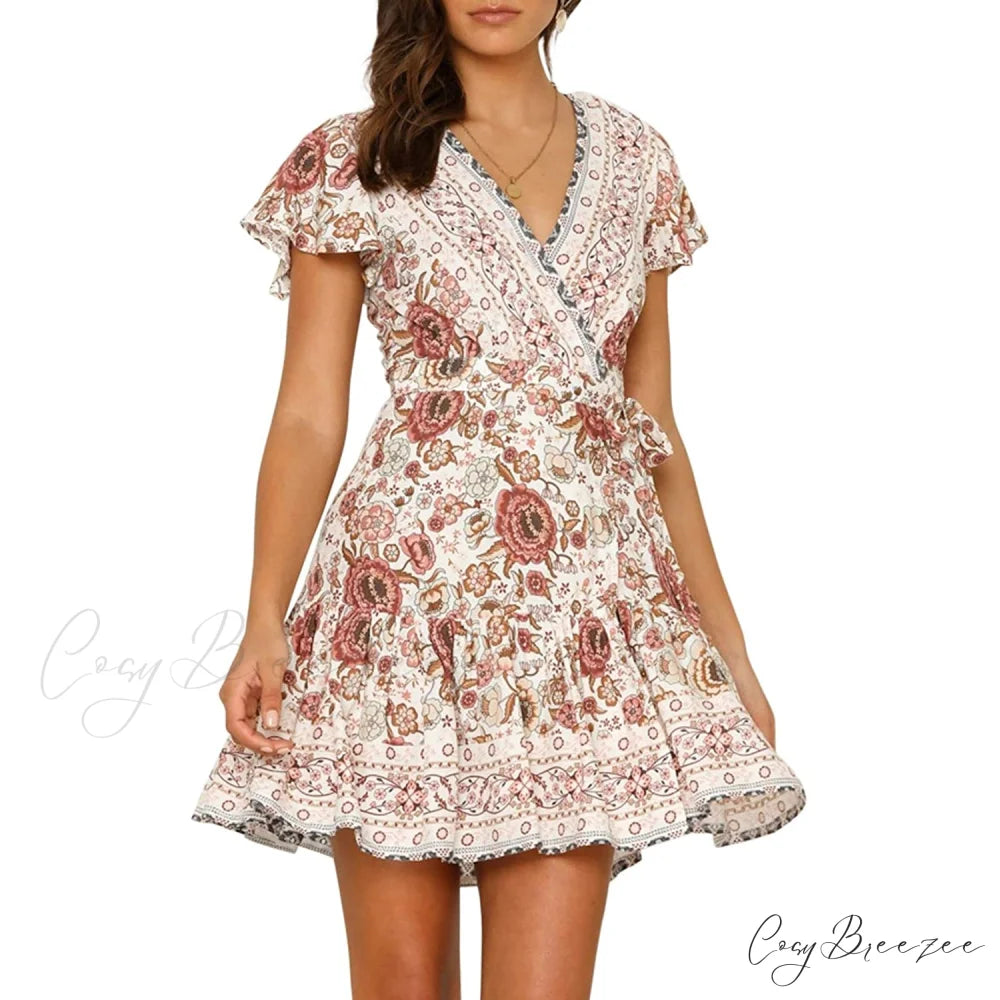 Summer Wrap V Neck Bohemian Floral Print Mini Dress for Women White / S
