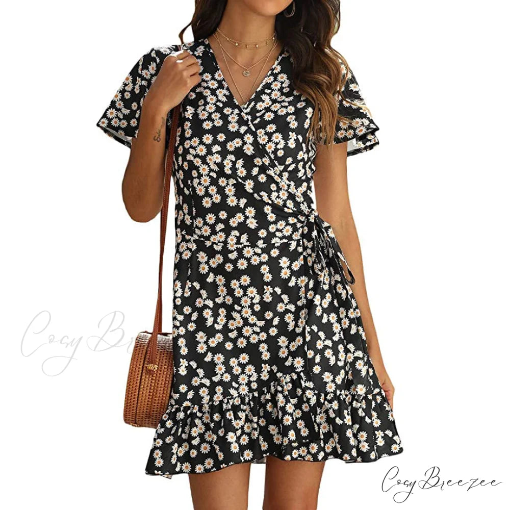 Summer Wrap V Neck Polka Dot Dress for Women Black / S
