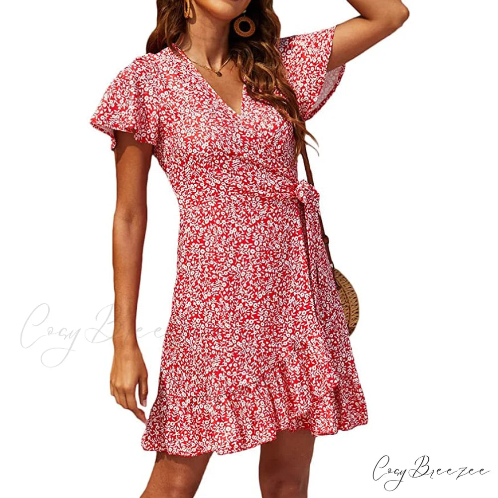 Summer Wrap V Neck Polka Dot Dress for Women Red / S