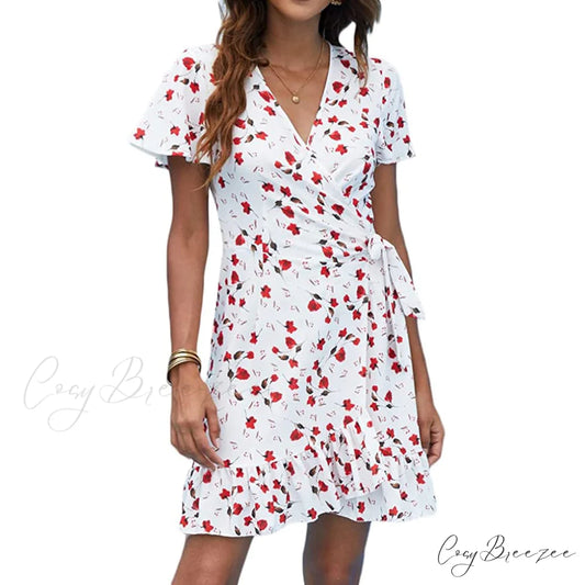 Summer Wrap V Neck Polka Dot Dress for Women White / S