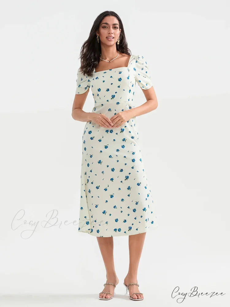 Summery Floral Midi Puffy Sleeve A-line Dress floraldress-250126