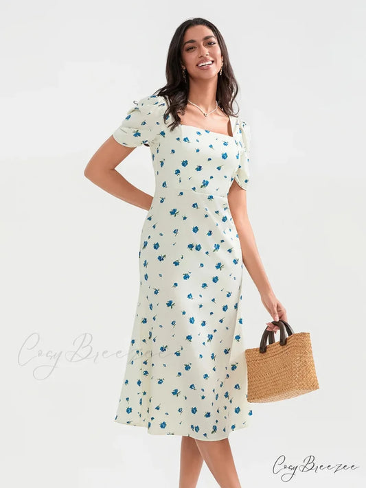 Summery Floral Midi Puffy Sleeve A-line Dress floraldress-250126
