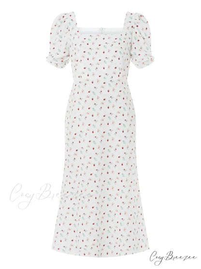 Summery Floral Midi Puffy Sleeve A-line Dress WHITE / S floraldress-250126