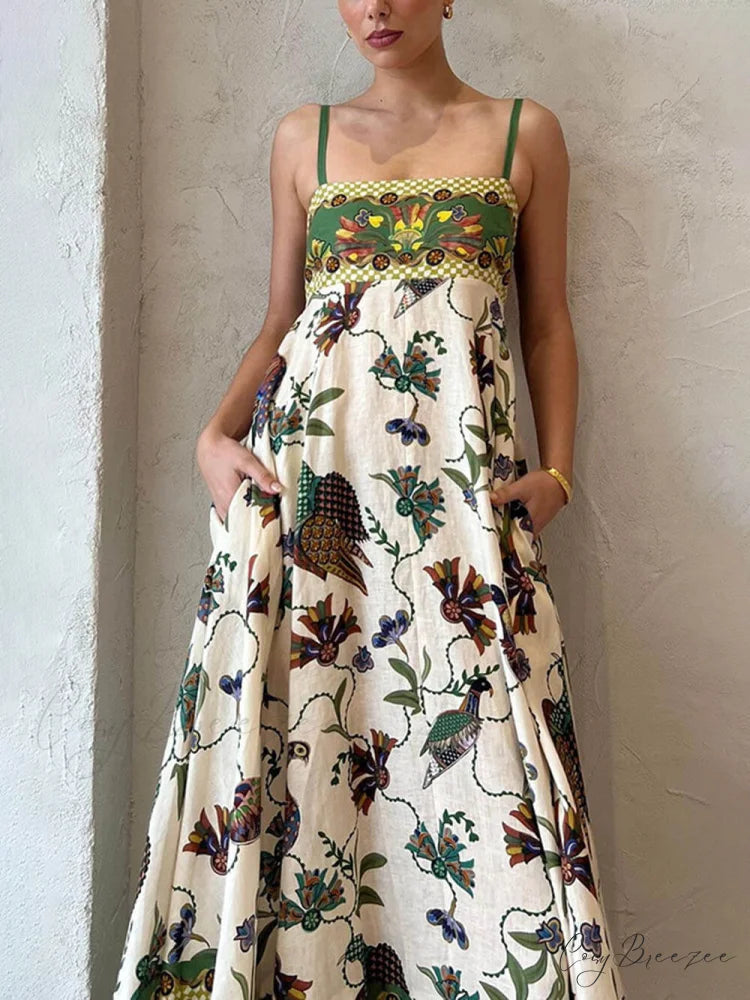 Sun Drenched Unique Print Graceful Smocked Back Pocketed Dress