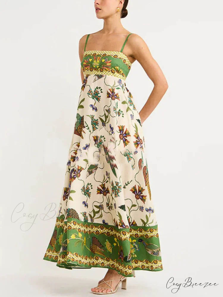 Sun Drenched Unique Print Graceful Smocked Back Pocketed Dress