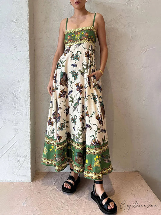 Sun Drenched Unique Print Graceful Smocked Back Pocketed Dress Multicolor / S