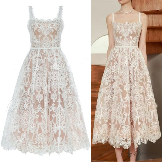 Sundress Backless 2024 Warm-Season Woman Gown Runway Coastal Party Bohemian Sexy Embroidery Lace White / S bust 84cm