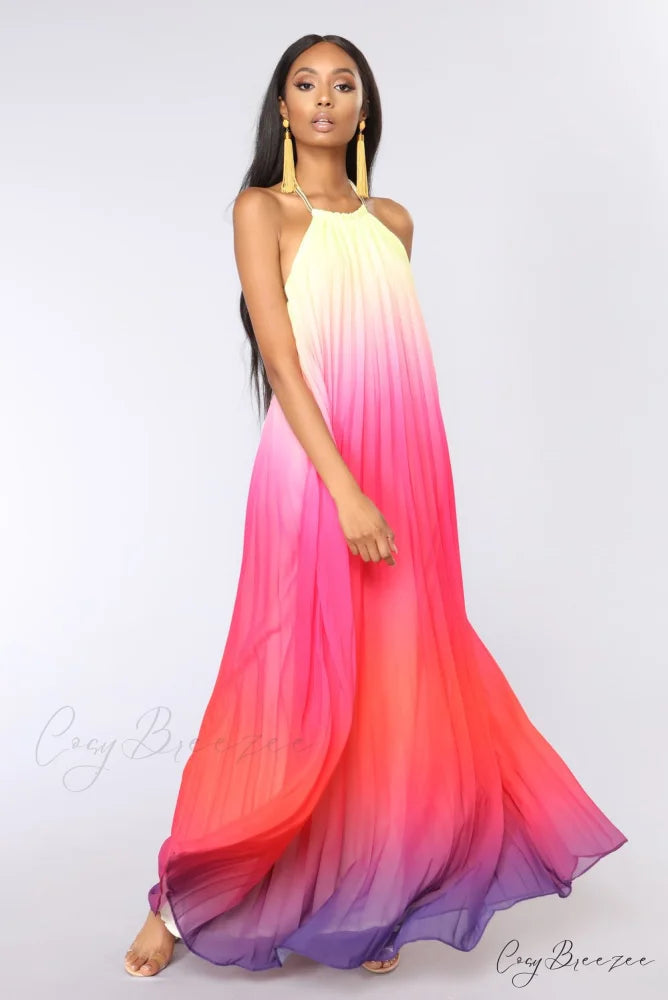 Sundress Maxi Streetwear Ombre Dress for Summer Casual Wear M / Blue