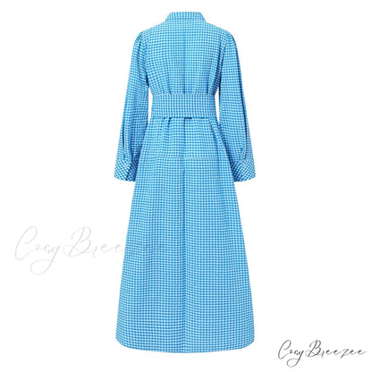 Sundress Plaid Blouse Women Vintage Spring Casual Pockets Patterned Belted Lapel Party Gown Button Dresses Arm Long