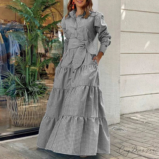Sundress Plaid Blouse Women Vintage Spring Casual Pockets Patterned Belted Lapel Party Gown Button Dresses Arm Long