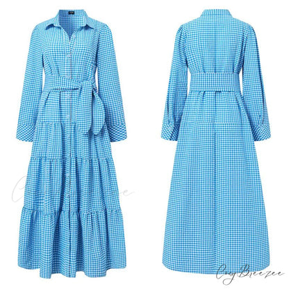 Sundress Plaid Blouse Women Vintage Spring Casual Pockets Patterned Belted Lapel Party Gown Button Dresses Arm Long