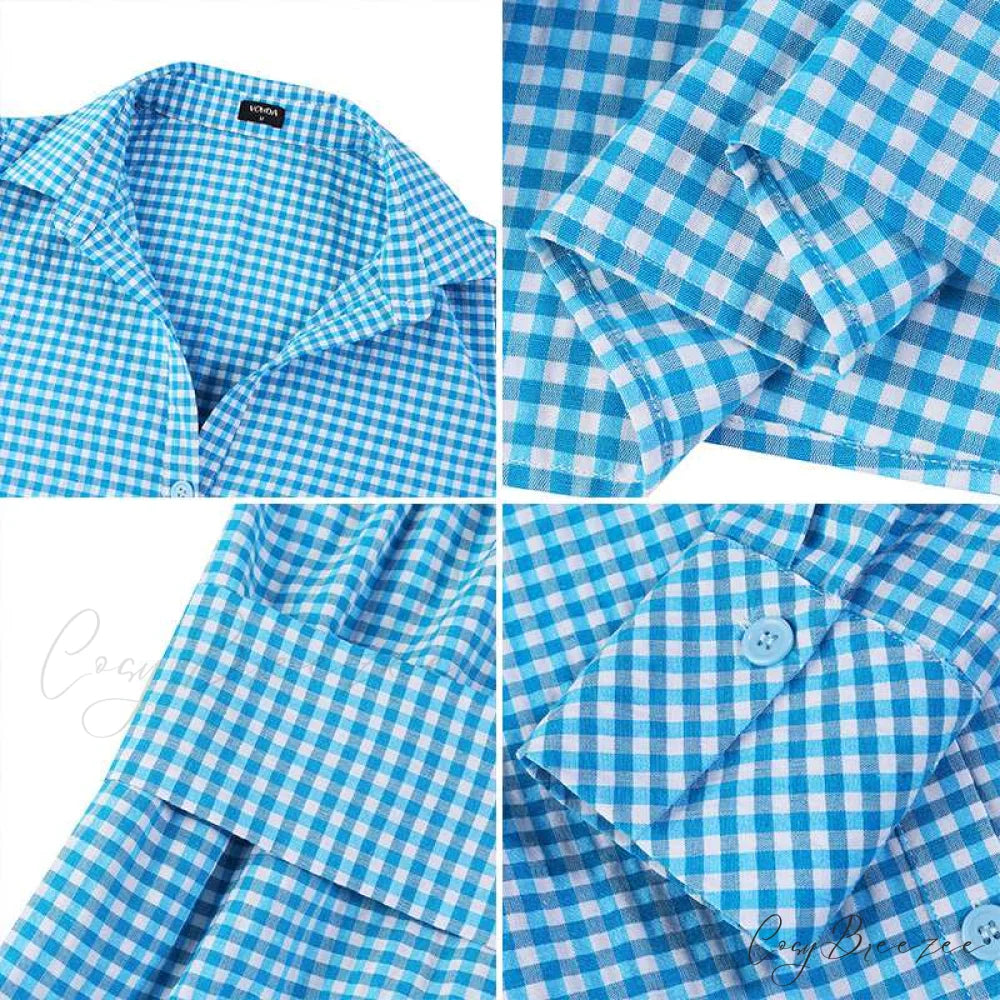 Sundress Plaid Blouse Women Vintage Spring Casual Pockets Patterned Belted Lapel Party Gown Button Dresses Arm Long