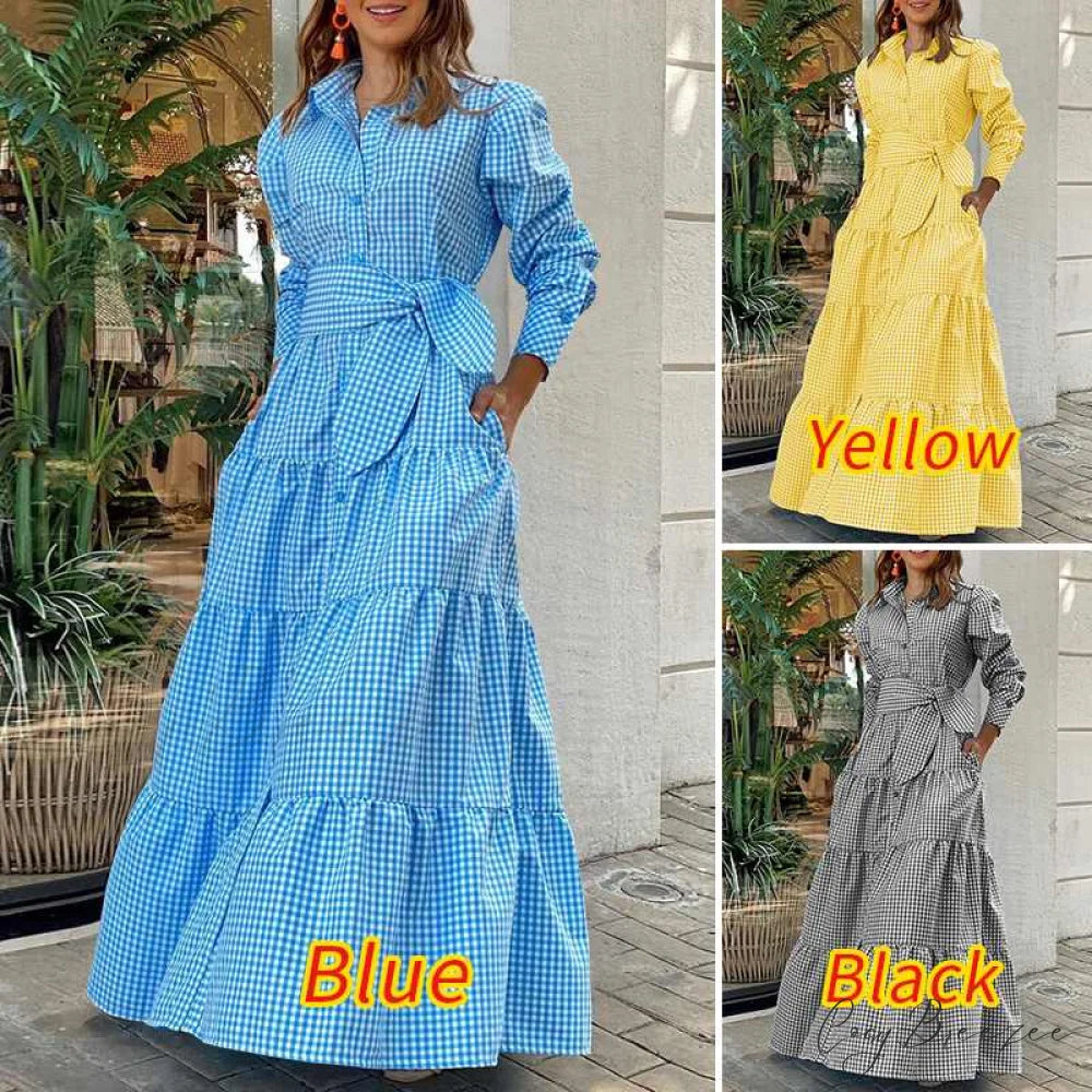 Sundress Plaid Blouse Women Vintage Spring Casual Pockets Patterned Belted Lapel Party Gown Button Dresses Arm Long