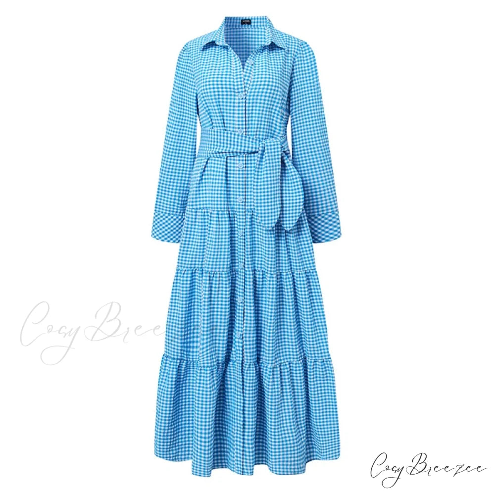Sundress Plaid Blouse Women Vintage Spring Casual Pockets Patterned Belted Lapel Party Gown Button Dresses Arm Long