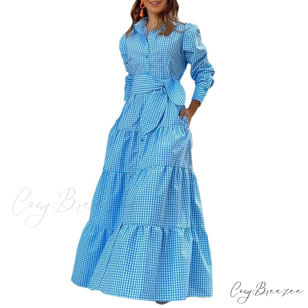 Sundress Plaid Blouse Women Vintage Spring Casual Pockets Patterned Belted Lapel Party Gown Button Dresses Arm Long