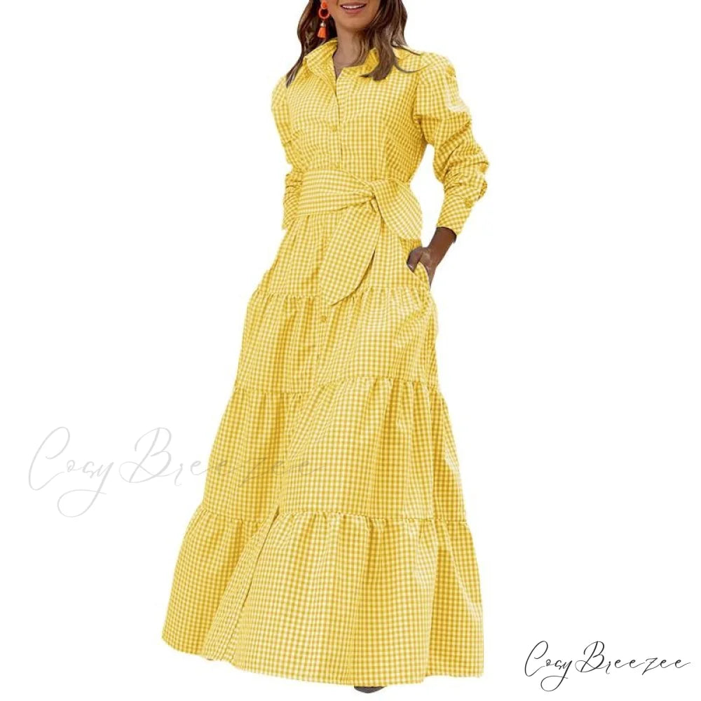 Sundress Plaid Blouse Women Vintage Spring Casual Pockets Patterned Belted Lapel Party Gown Button Dresses Arm Long