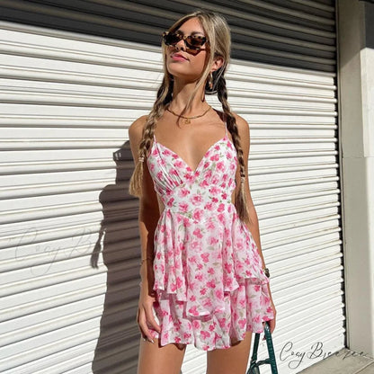 Sundress Sexy Y2K Pink Gown - Vacation for Party Dresses Lace - Neck Coastal Up Design for Women with Backless Mini V