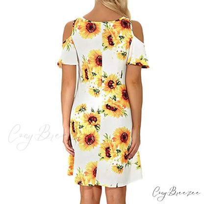 Sunflower Print Mini Dress for Women - Summer Casual Style