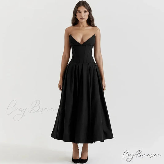 Suninheart Black Elegant Wedding Events Dress Sexy Strapless Corset Christmas Party Dress black / s