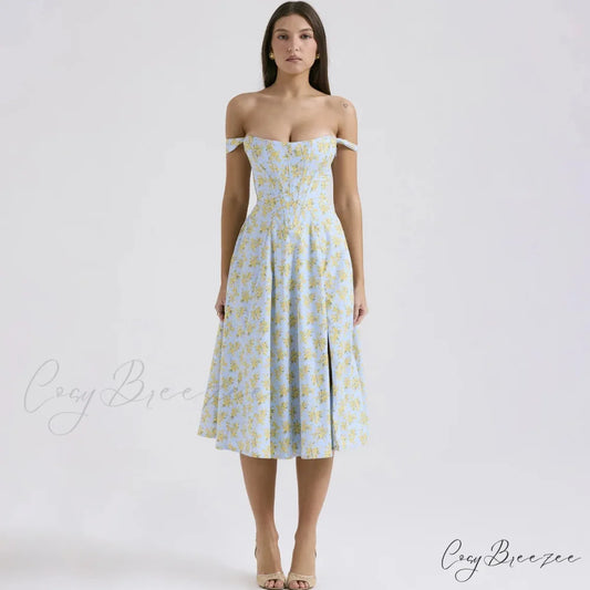 Suninheart Blue Slit Floral Holiday Dress vacationdress-250223