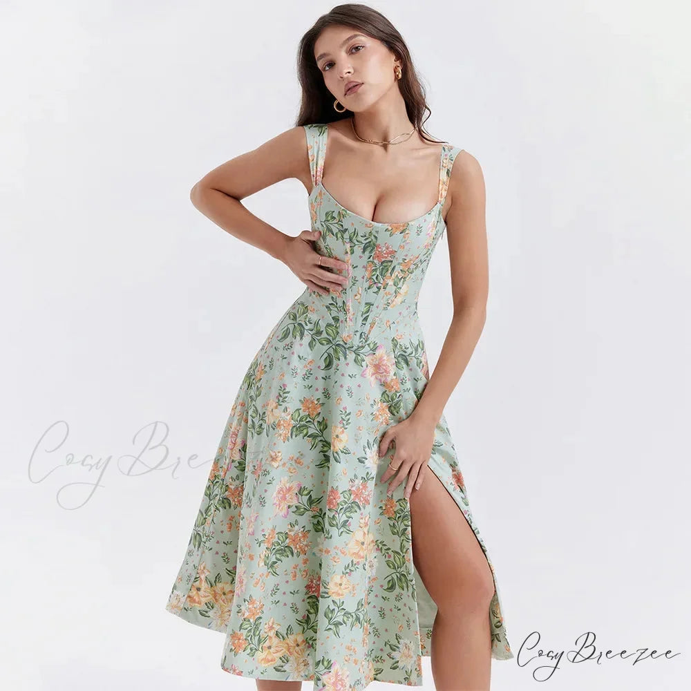 Suninheart Green Floral Holiday Dress green print / XS vacationdress-250223