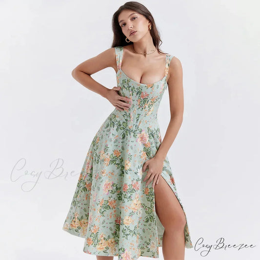 Suninheart Green Floral Holiday Dress green print / XS vacationdress-250223