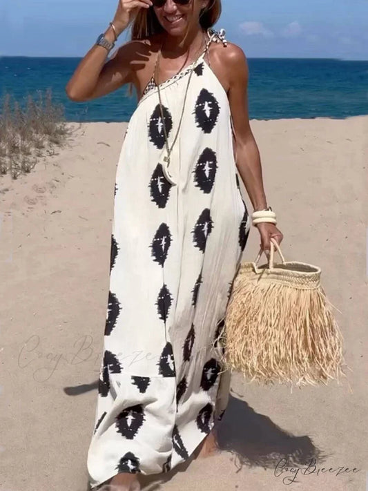 Sunshine Ethnic Print One Graceful Shoulder Loose Maxi Dress White / S