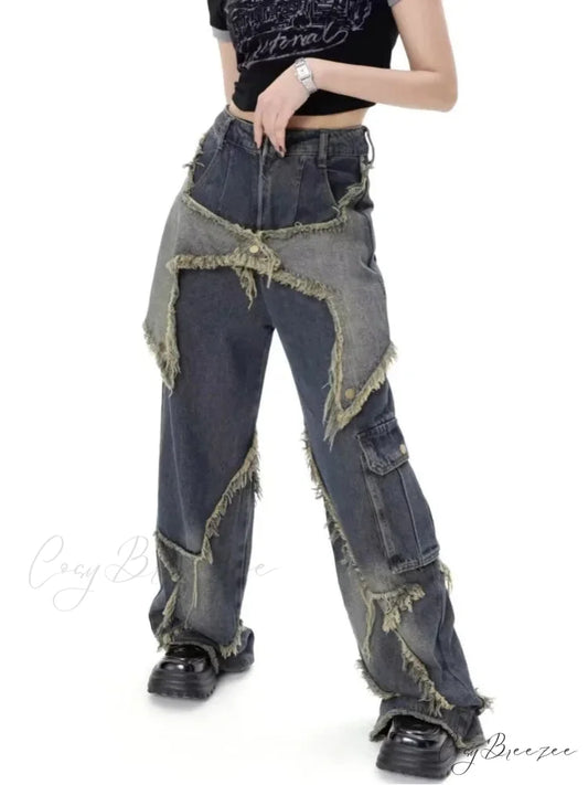 Super Beautiful Flower High Waist Summer Loose Wide Leg Vintage Unique Versatile Straight Women’s Jean