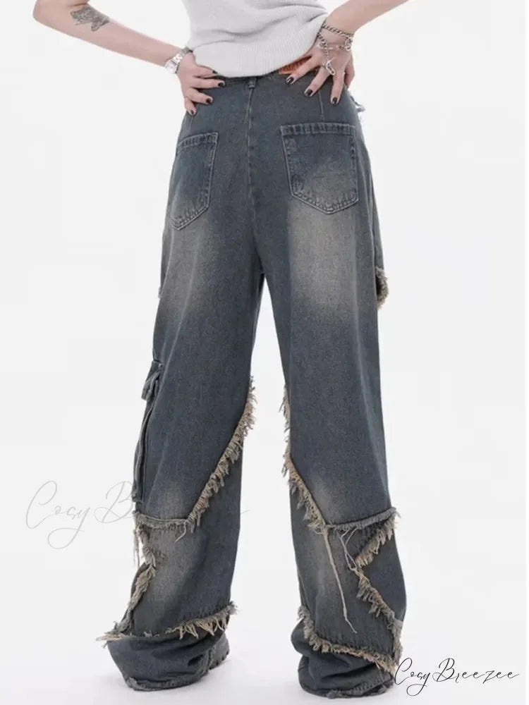 Super Beautiful Flower High Waist Summer Loose Wide Leg Vintage Unique Versatile Straight Women’s Jean