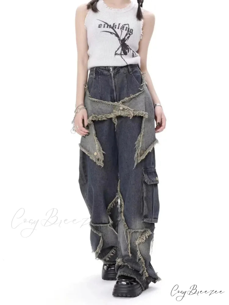 Super Beautiful Flower High Waist Summer Loose Wide Leg Vintage Unique Versatile Straight Women’s Jean
