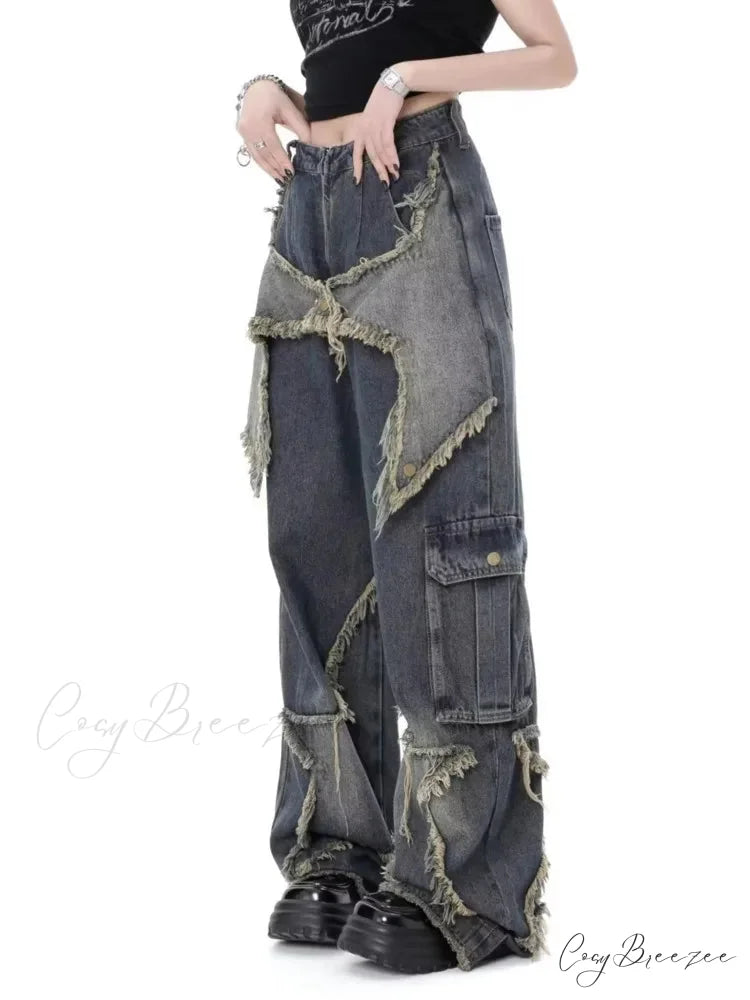 Super Beautiful Flower High Waist Summer Loose Wide Leg Vintage Unique Versatile Straight Women’s Jean
