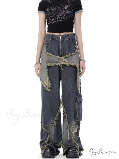 Super Beautiful Flower High Waist Summer Loose Wide Leg Vintage Unique Versatile Straight Women’s Jean Retro Blue / S