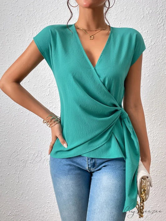 Surplice Brief with Arm Blouse Neck Tie Teal / S