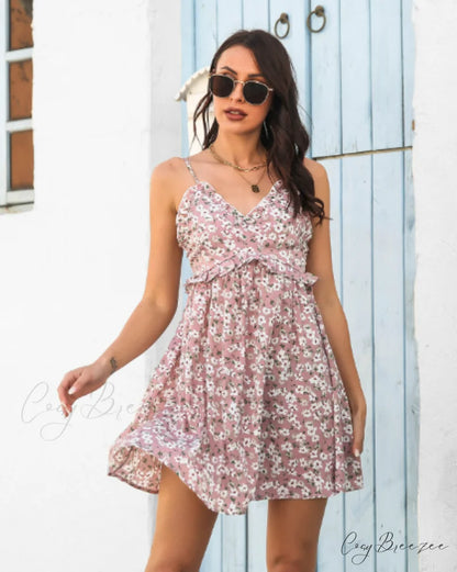 Suspender Flowered Dress L / light blue