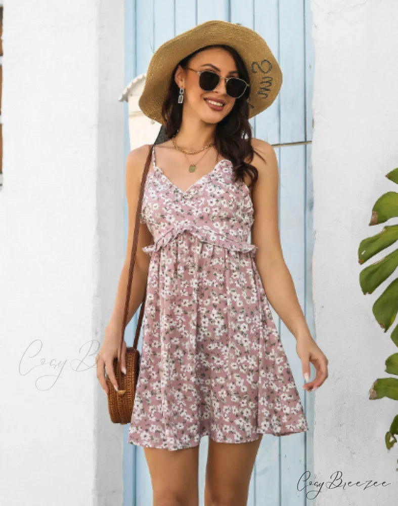 Suspender Flowered Dress L / pink