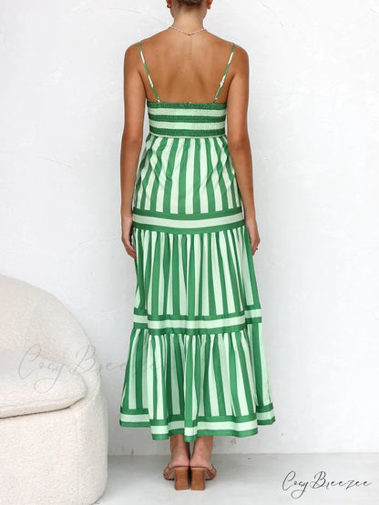 Suspender Open Back Striped Graceful Positioning Print Pocket Midi Dress