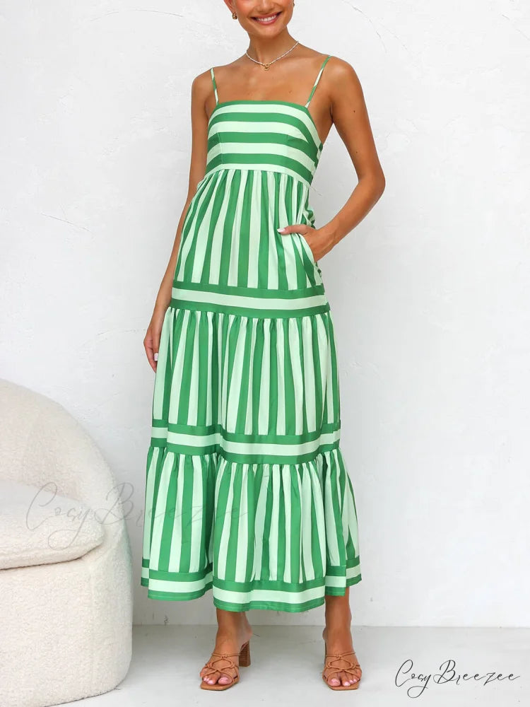 Suspender Open Back Striped Graceful Positioning Print Pocket Midi Dress