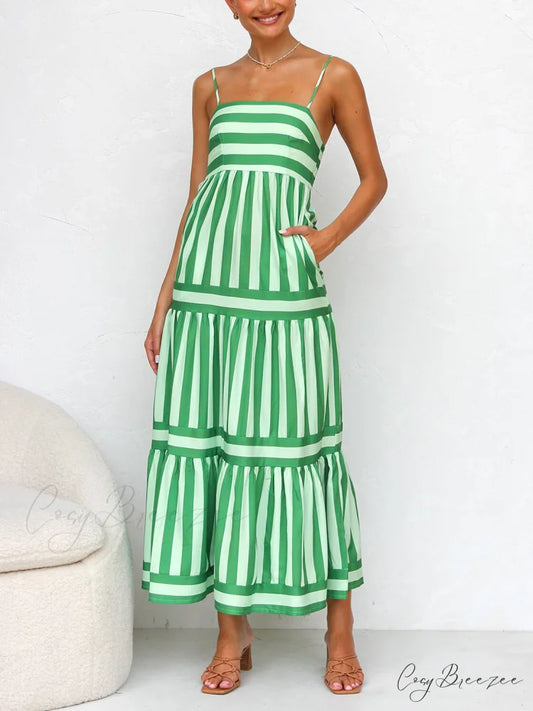 Suspender Open Back Striped Graceful Positioning Print Pocket Midi Dress