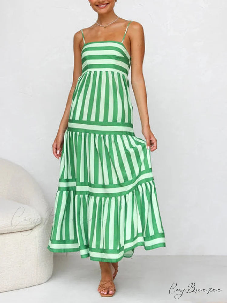 Suspender Open Back Striped Graceful Positioning Print Pocket Midi Dress Green / S
