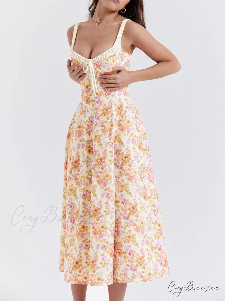 Suspender Patchwork Printed Charming Lace-Up Midi Dress