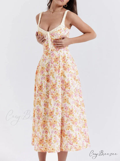 Suspender Patchwork Printed Charming Lace-Up Midi Dress