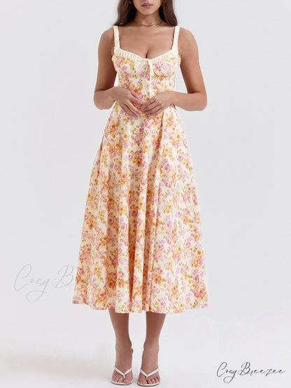 Suspender Patchwork Printed Charming Lace-Up Midi Dress