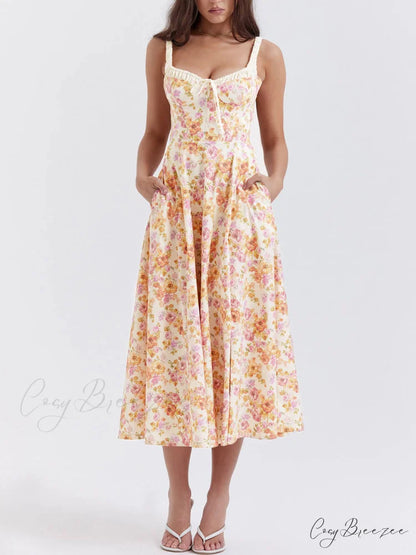 Suspender Patchwork Printed Charming Lace-Up Midi Dress