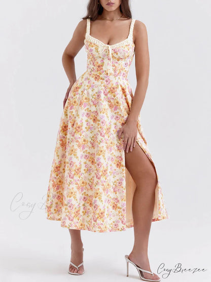Suspender Patchwork Printed Charming Lace-Up Midi Dress