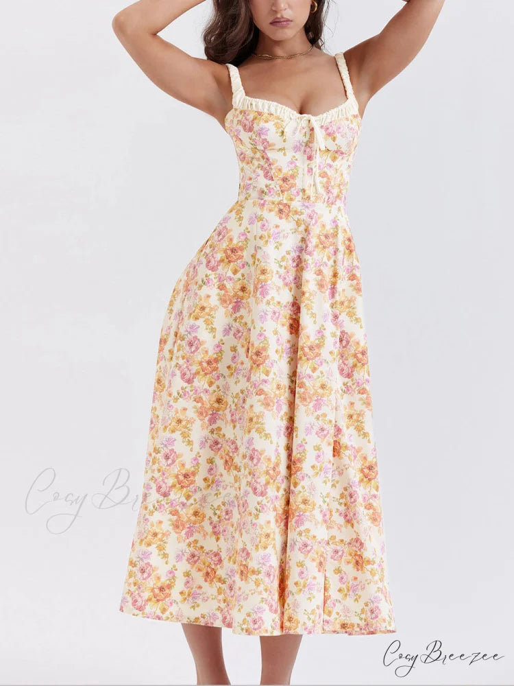 Suspender Patchwork Printed Charming Lace-Up Midi Dress