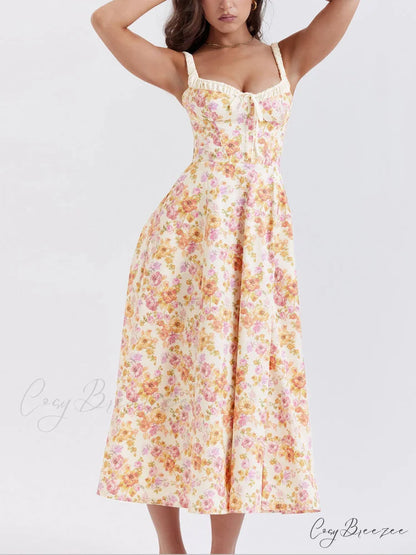 Suspender Patchwork Printed Charming Lace-Up Midi Dress