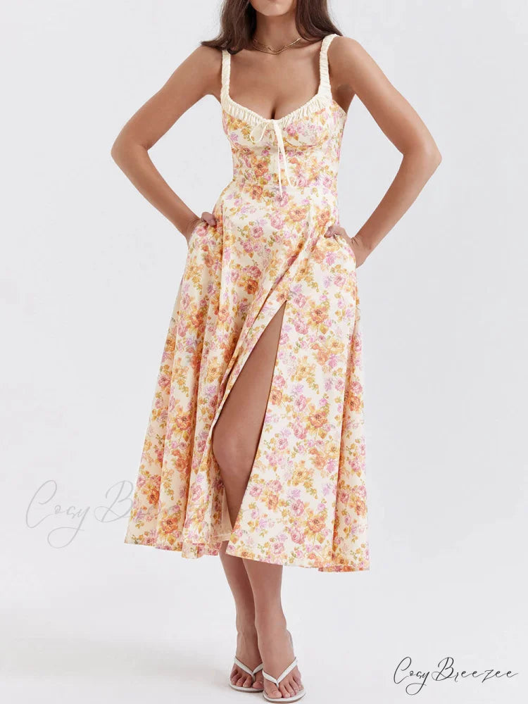 Suspender Patchwork Printed Charming Lace-Up Midi Dress Orange / S