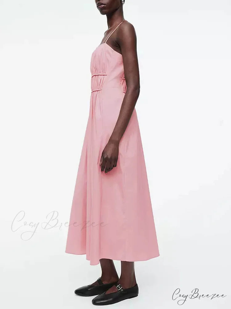 Suspender Pleated Stylish Waist Midi Dress